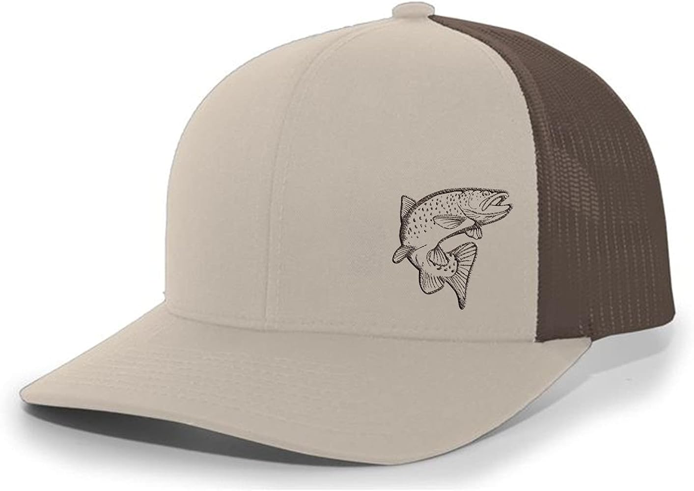 Trenz Shirt Company Men's Jumping Trout Fishing Embroidered Mesh Back Trucker Hat, Khaki/Brown