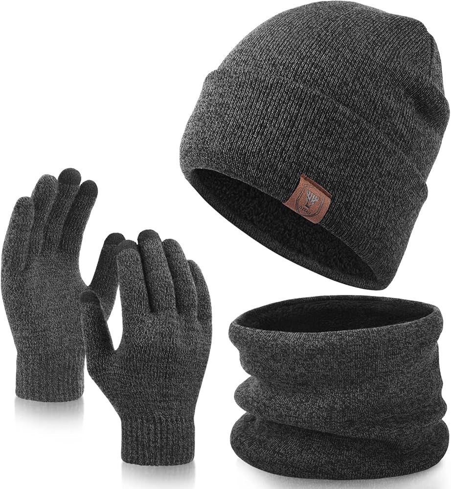 OZERO 3-Pieces Beanie Hat Scarf Gloves Set - Winter Knitted Set Touchscreen Gloves Slouchy Hat Neck Warmer Keep Warm