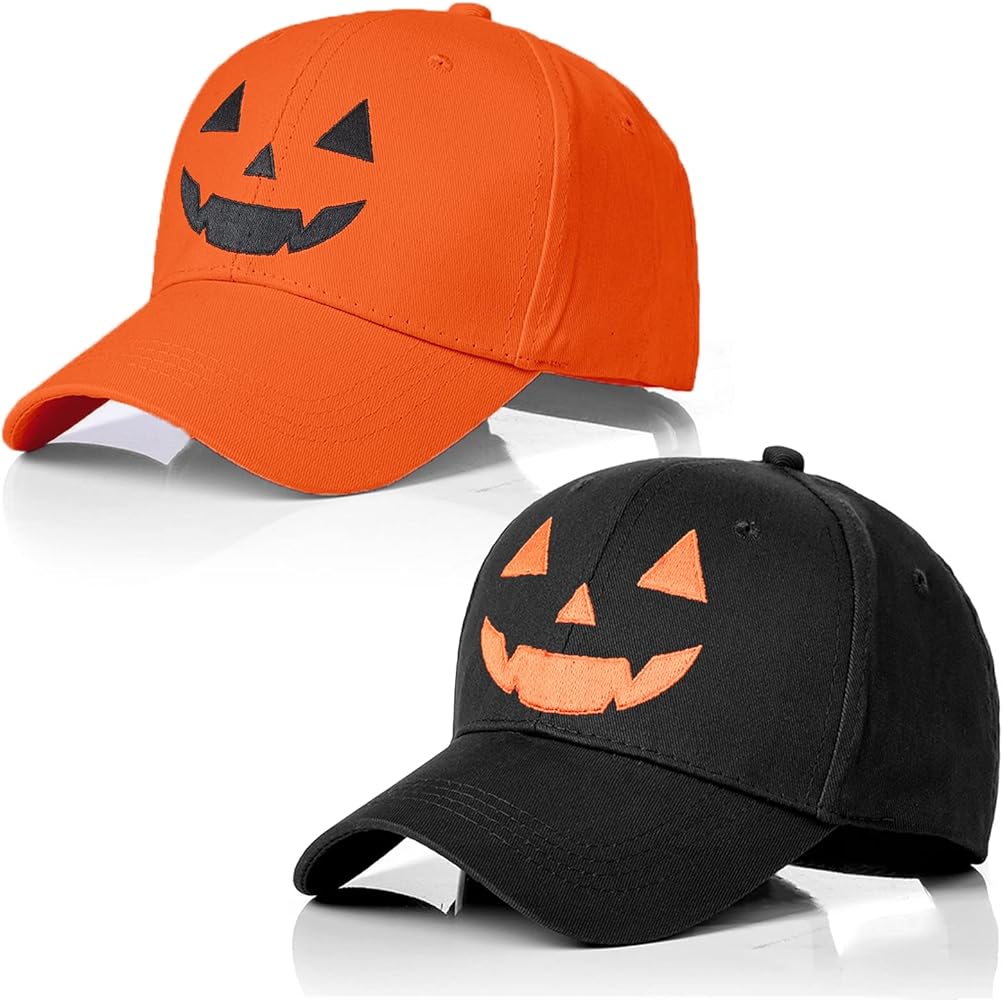 2 PCS Halloween Unisex Baseball Hat Embroidery Baseball Cap Halloween Pumpkin Face Baseball Hat Adjustable Funny Party Hats Black Orange