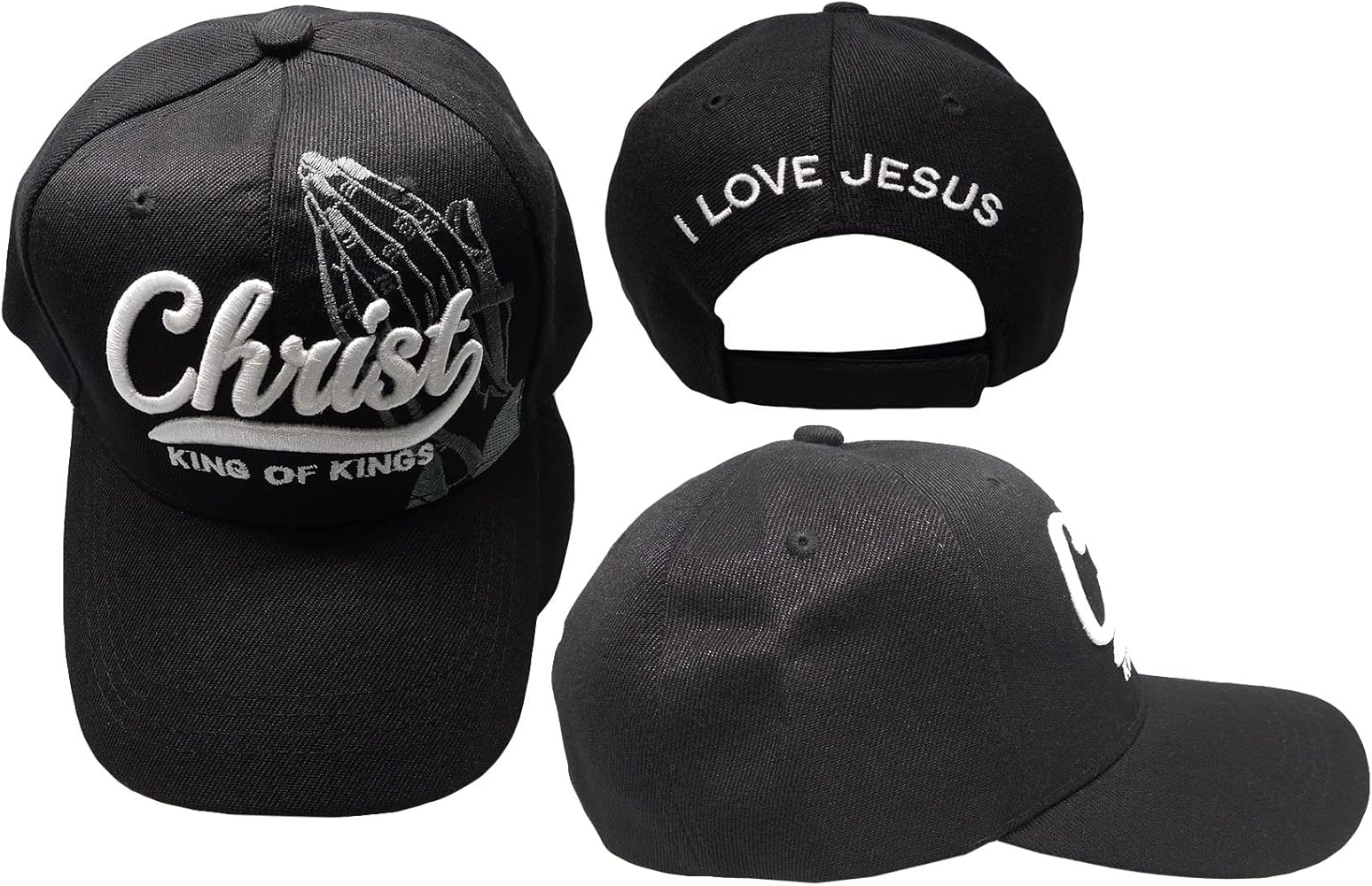 Christ King of Kings Grey Gray Praying Hands Shadow I Love Jesus Black Acrylic Adjustable Embroidered Baseball Hat Cap