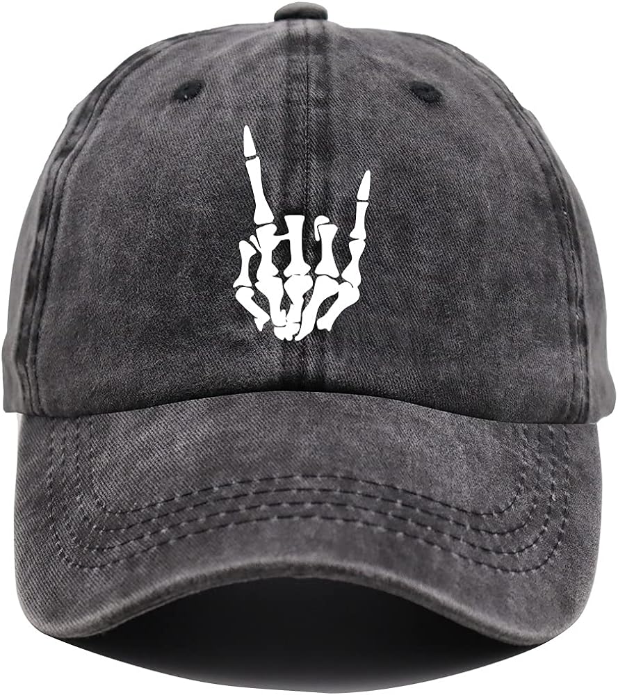 Skeleton Hand Hat, Skull Finger Baseball Cap Adjustable Washed Distressed Denim for Men Women