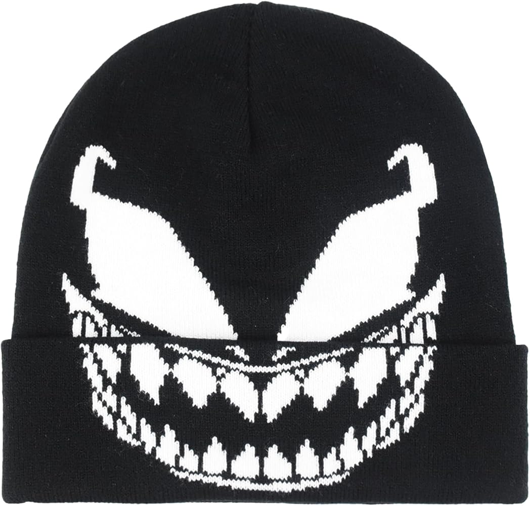 Marvel Venom Beanie Hat, Winter Knit Cap with Cuff and Face Design, Black, One Size