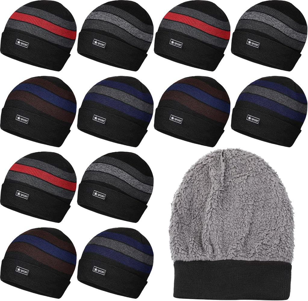 Kigeli Beanie Hats for Men Bulk Winter Hats with Warm Thick Fleece Snow Skull Cap Plain Skull Knit Beanie Donation Charity(12 Pcs)