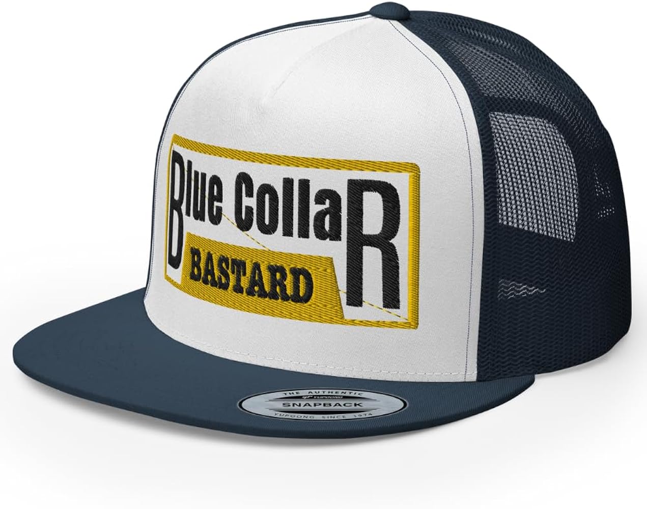 NG Blue Collar Bastard Embroidered Flat Bill Trucker Hat High Crown Adjustable Cap