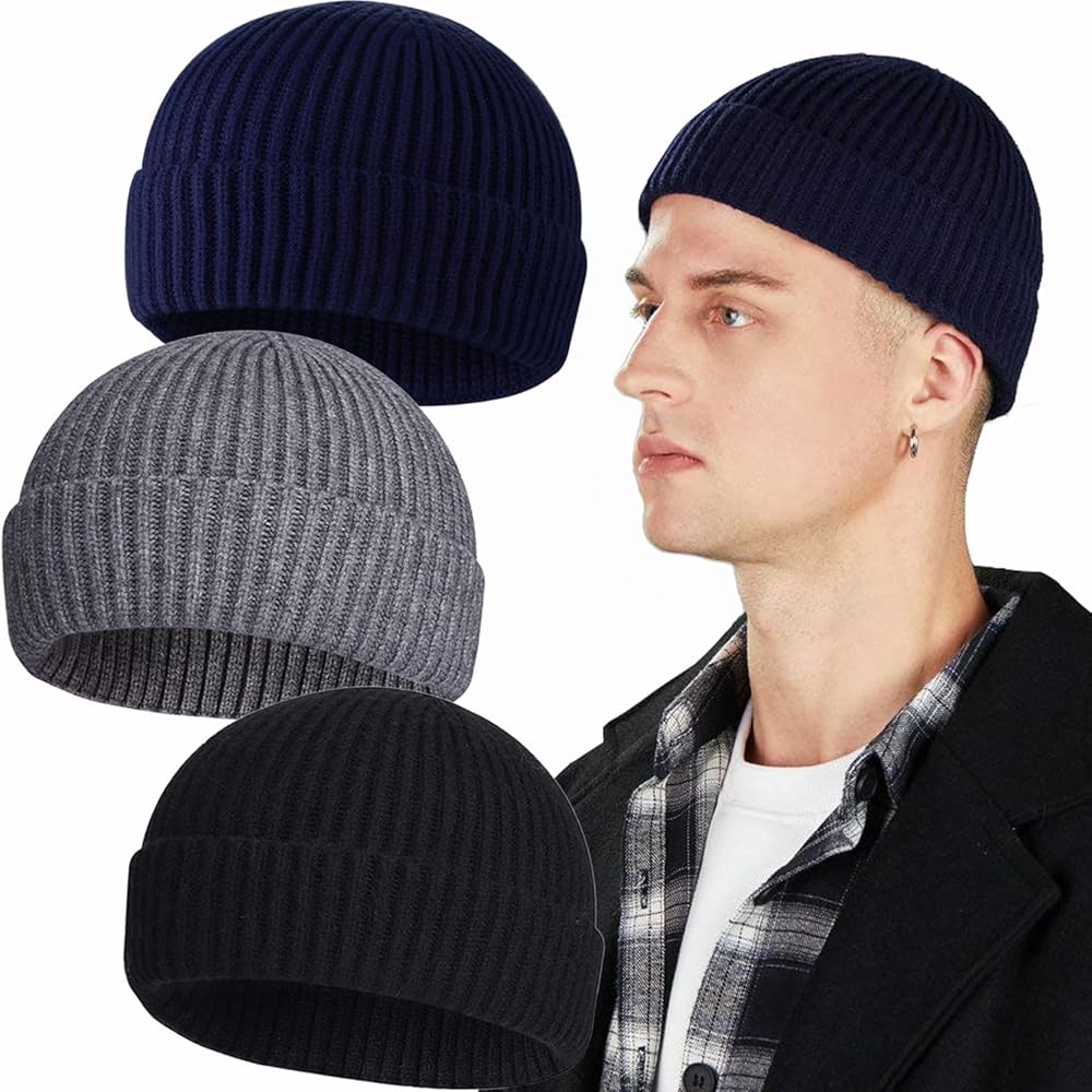 3PCS Short Fisherman Beanie Hat for Men Women, Wool Knit Cuff Winter Warm Hats