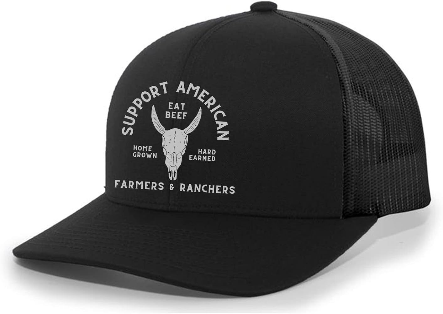 Trenz Shirt Company Support American Farmers Eat Beef Cattle Skull Farm to Table Mens Embroidered Mesh Back Trucker Hat