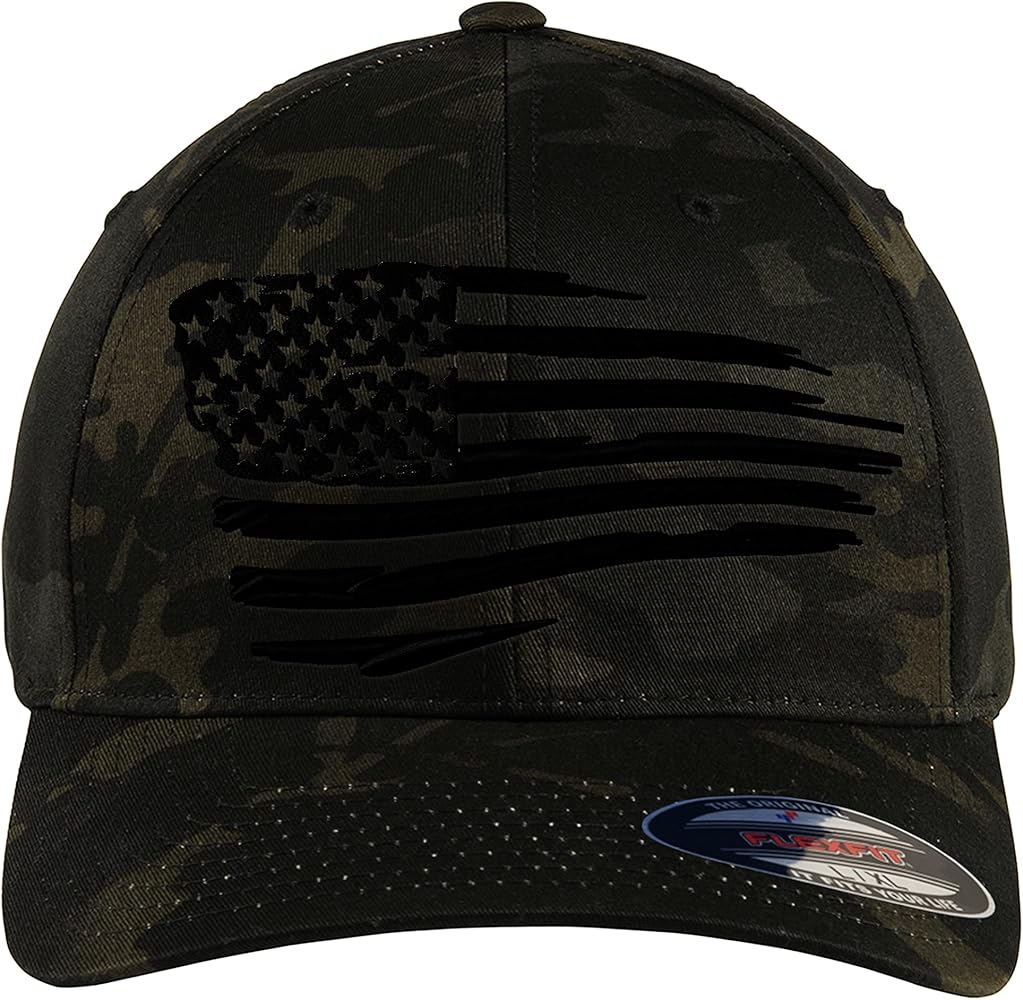 The Blackout American Flag 6277 Flexfit hat - Custom Embroidered Black USA flag flex-fitted baseball hat