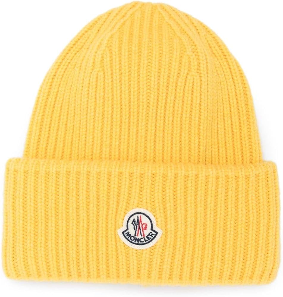 Moncler Grenoble Yellow Round Logo Patch Ribbed Wool Beanie Hat