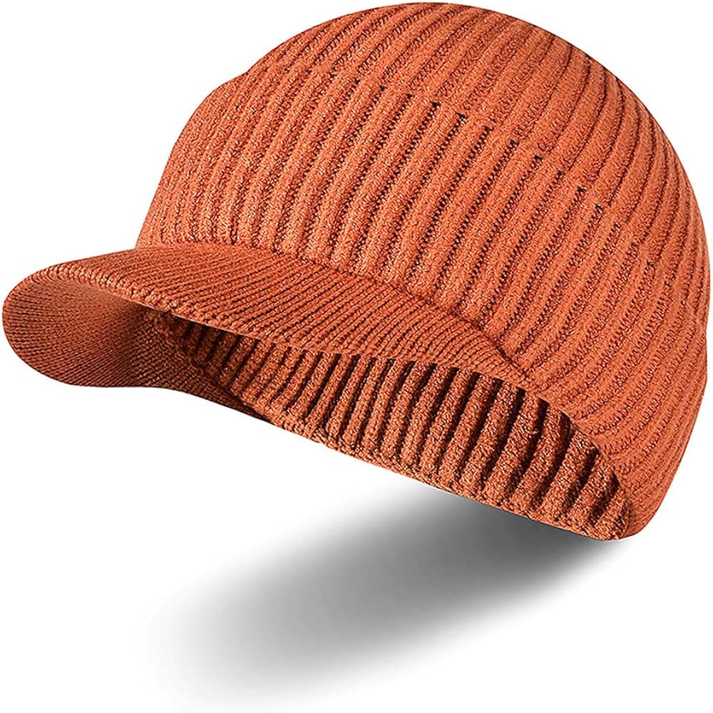 Knit Visor Rib Beanies for Men Winter Warm Toboggans Hats with Brim Orange