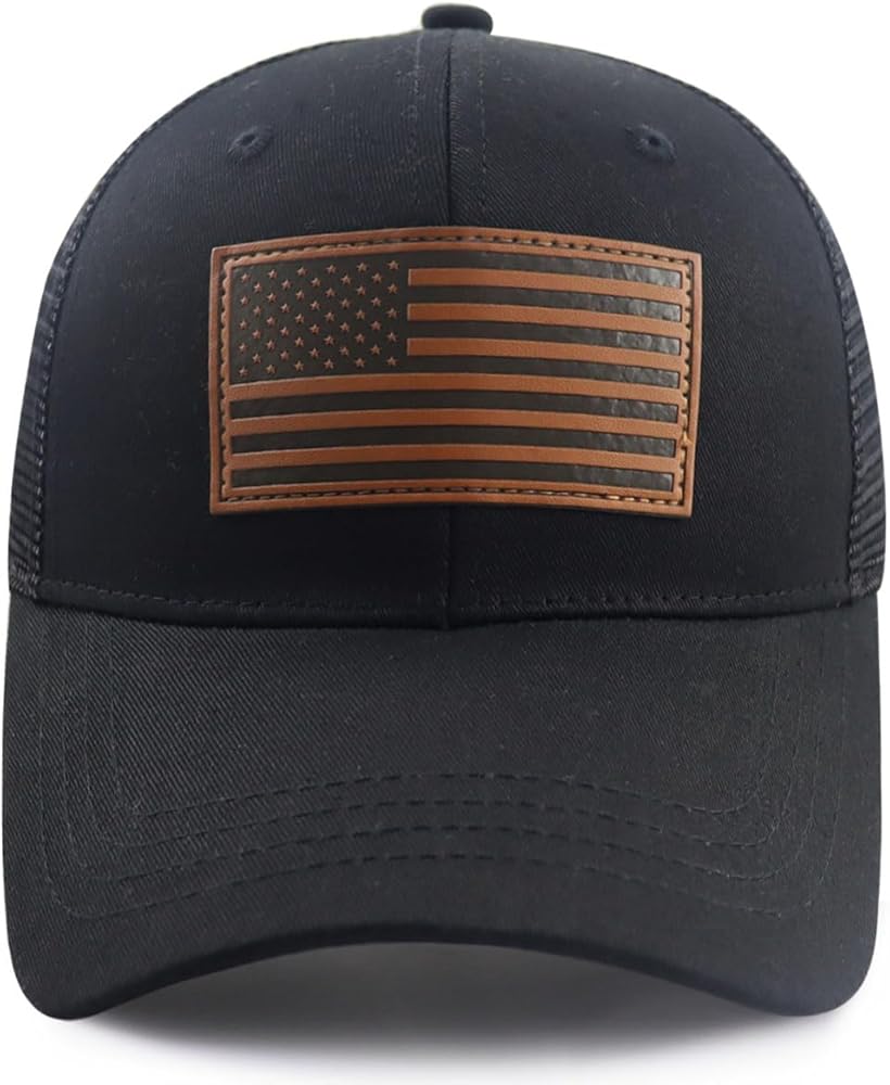 American Flag Trucker Hat for Men Women, Funny Adjustable Cotton USA Flag Leather Patch Patriotic Mesh Baseball Cap