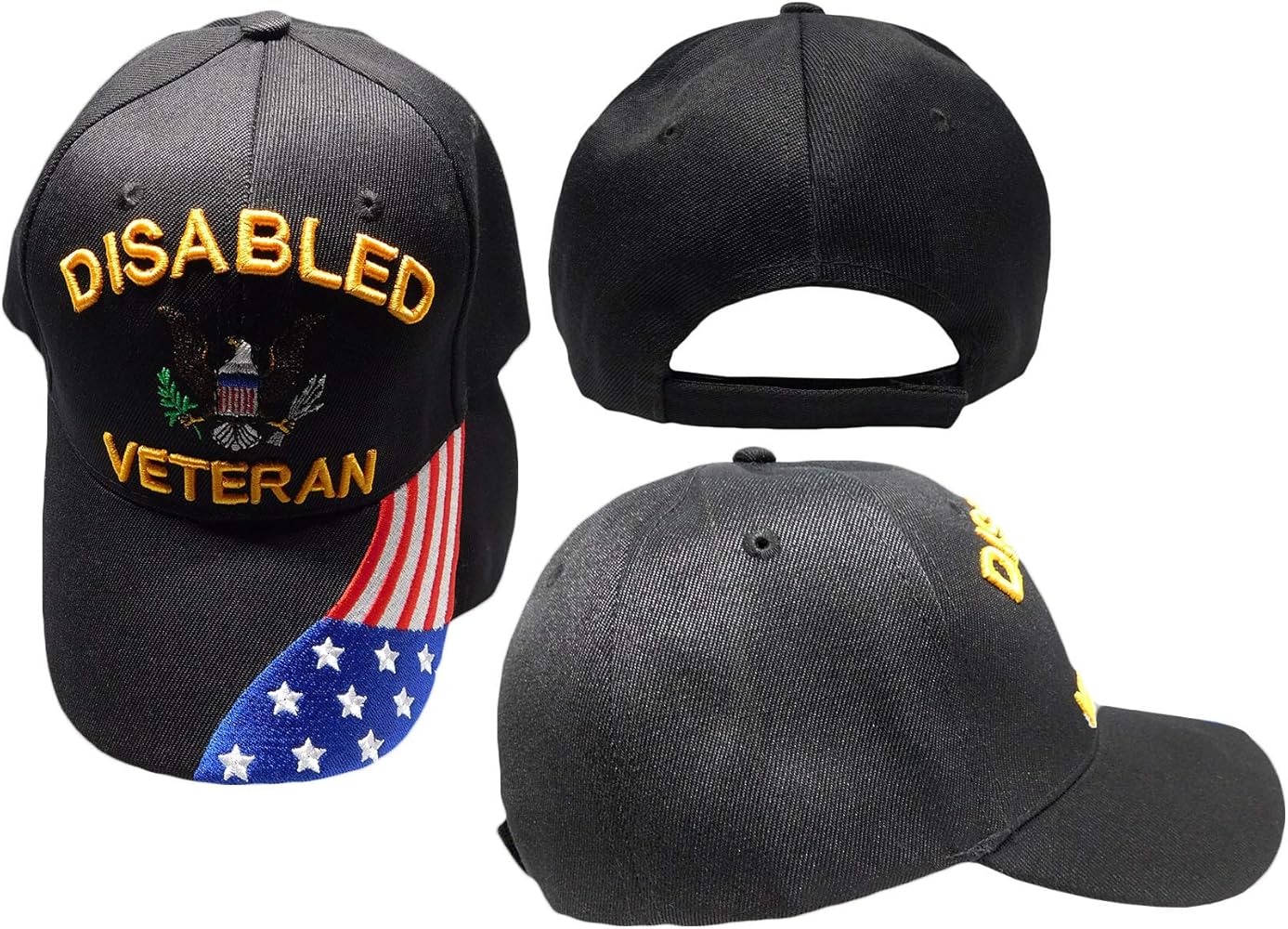 Disabled Veteran with Eagle USA Flag On Bill Black 100% Acrylic Adjustable Embroidered Cap Hat