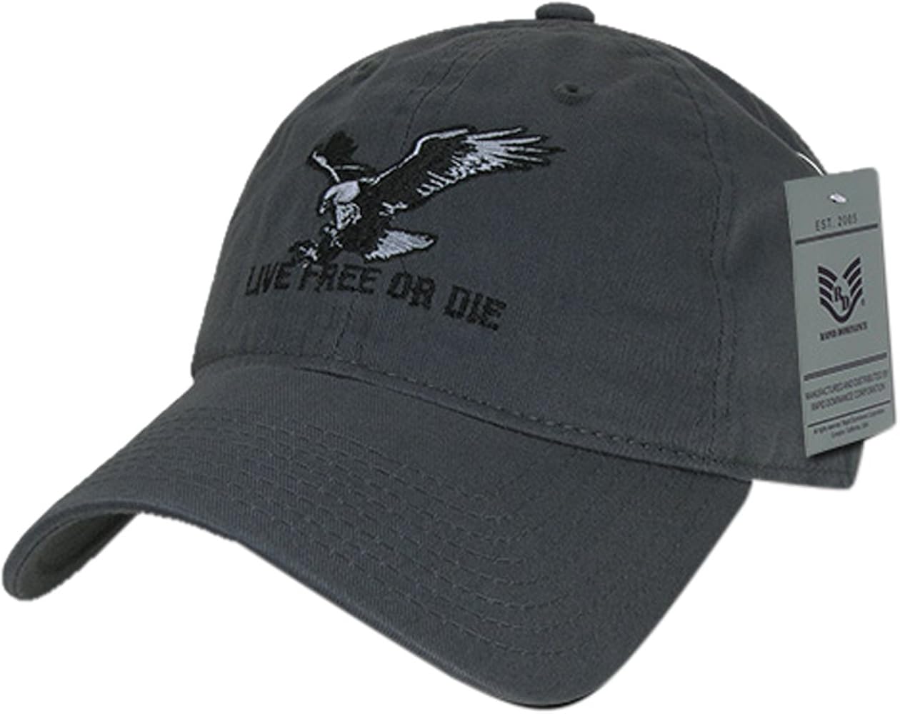 Rapiddominance Relaxed Graphic Cap with Live Free or Die, Dark Grey