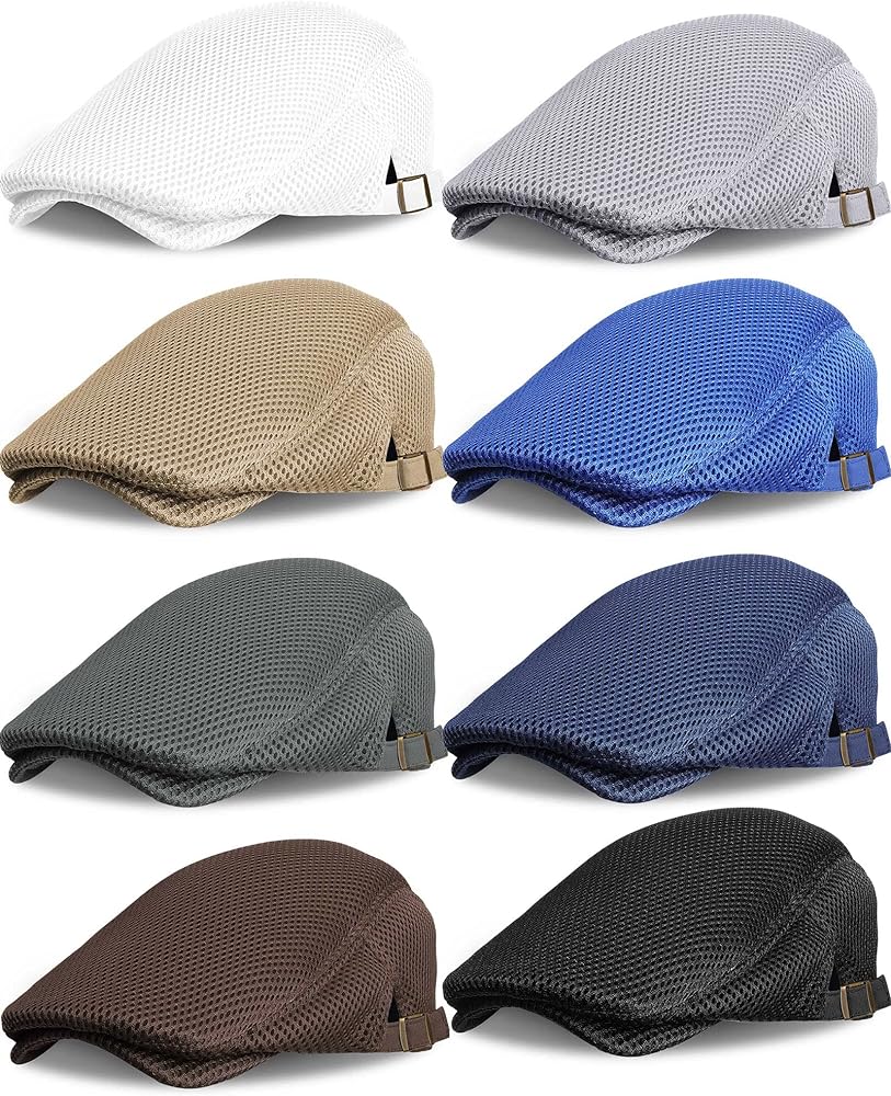 8 Pack Men's Mesh Flat Cap Breathable Summer Newsboy Hat Cabbie Driving Hats for Men