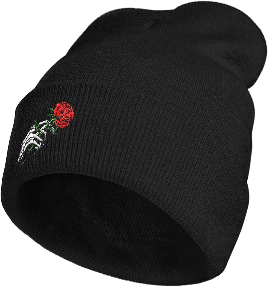 Skeleton Skull Rose Embroidery Beanie Hat for Men Women Winter Warm Stretch Skull Knit Hats Cap Black