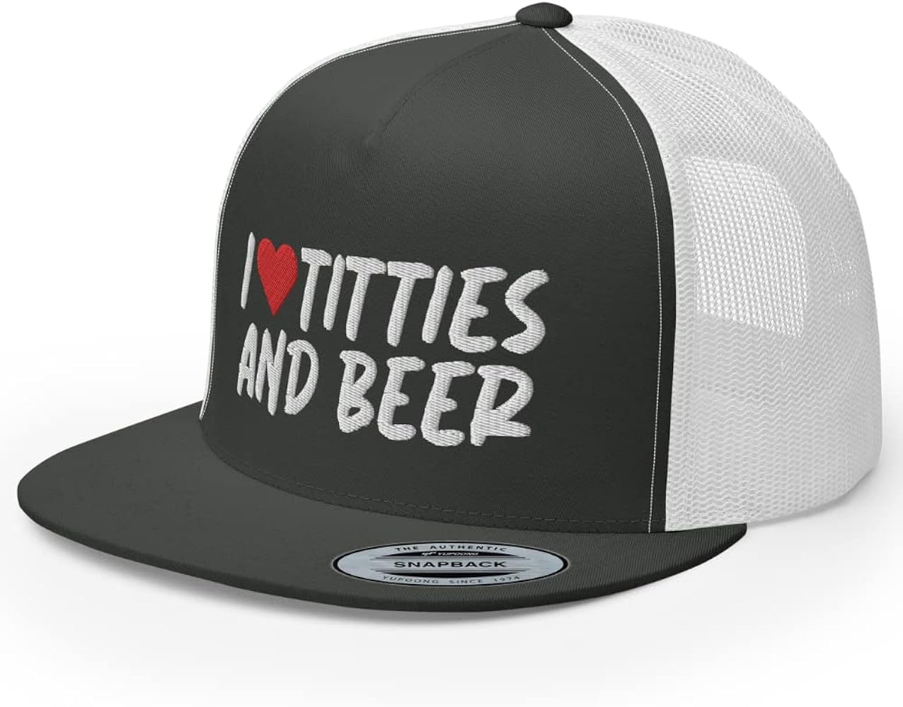 I Love Titties and Beer Premium Trucker Hat | Funny Gag Gift Joke | Flat Bill High Crown Cap | Funny Snap Back Hat