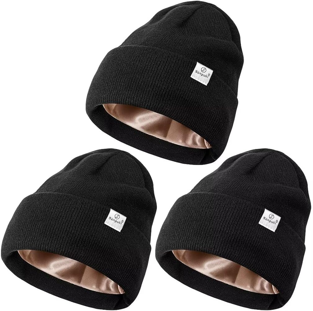 3 Pack Satin Lined Winter Beanie Hats for Women Men,Silk Lined Beanie Knit Soft Warm Cuffed Hat(Black+Black+Black)