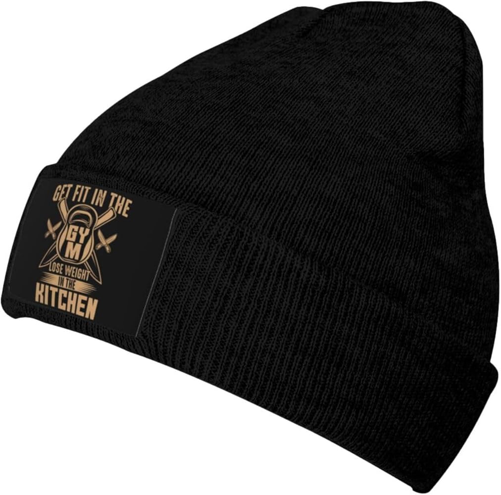 Get Fit in The Gym and Lose Weight in The Kitchen Beanie Hat for Men Women Knit Skull Cap Warm Hats Black Knitted Caps