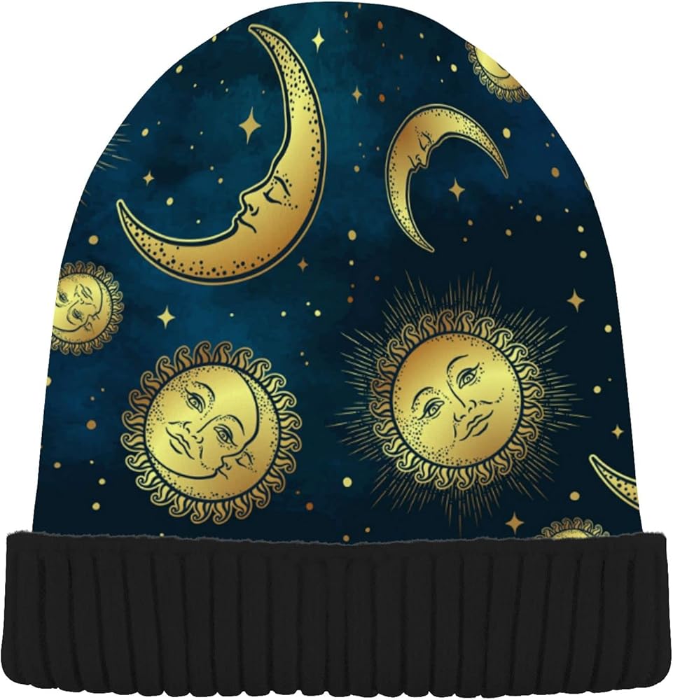 ALAZA Gold Moon Sun & Star Night Sky Boho Beanie for Women Men Winter Hat Reversible Skull Cuffed Knit Cap