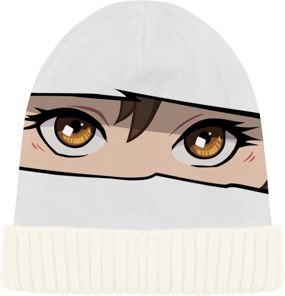 ALAZA Eyes of Anime Girl Beanie for Women Men Winter Hat Reversible Skull Cuffed Knit Cap, White Fluff