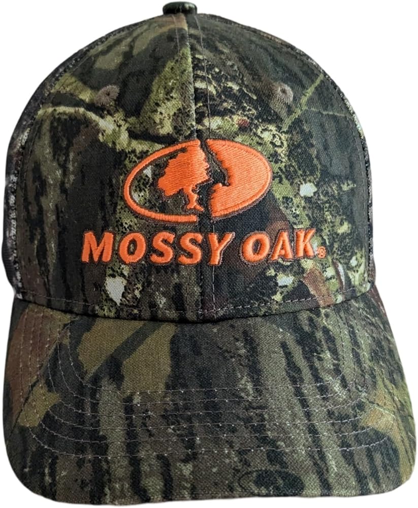 Mossy Oak BU Blaze Orange Logo Camo MESH Trucker Hat Cap with Snapback Wicking Sweatband Precurved Visor (Break Up)