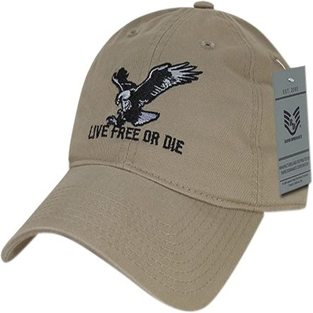 Rapiddominance Relaxed Graphic Cap with Live Free or Die, Khaki