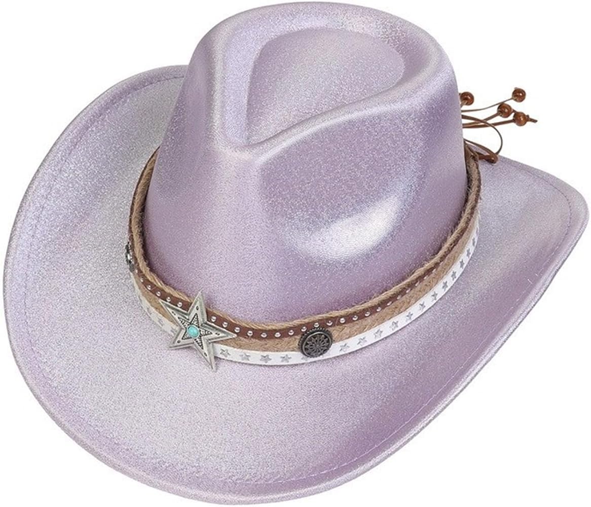 Fashion Cowboy Hat for Women Man Glittering Wide Brims Hat with Star Belts Breathable Sunproof Hat Travel Fedoras Caps