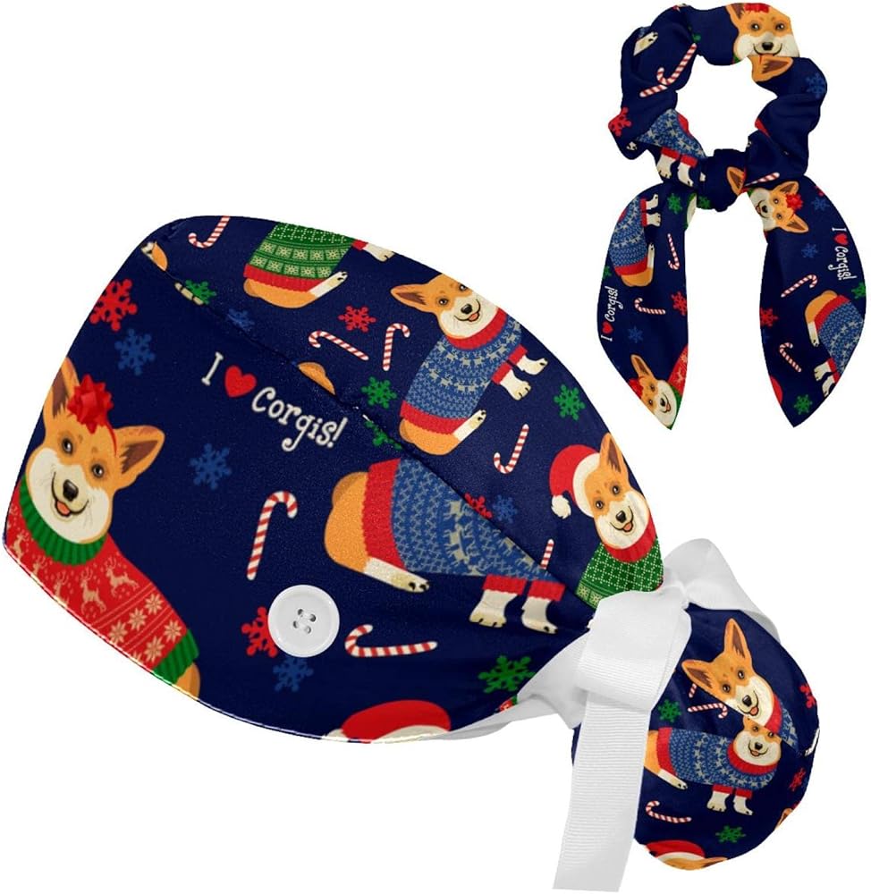 Adjustable Christmas Corgi Scrub Cap, Working Hat Hair Cover with Ponytail Pouch, Soft Bouffant Surgical Nurse Cap, M-L