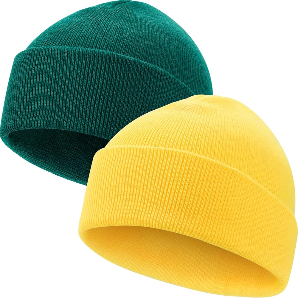 2 Pack Beanies for Men Rib-Knit Hats for Women Spring Summer Autumn Winter Slouchy Beanie for Teenage (Green&Yellow)