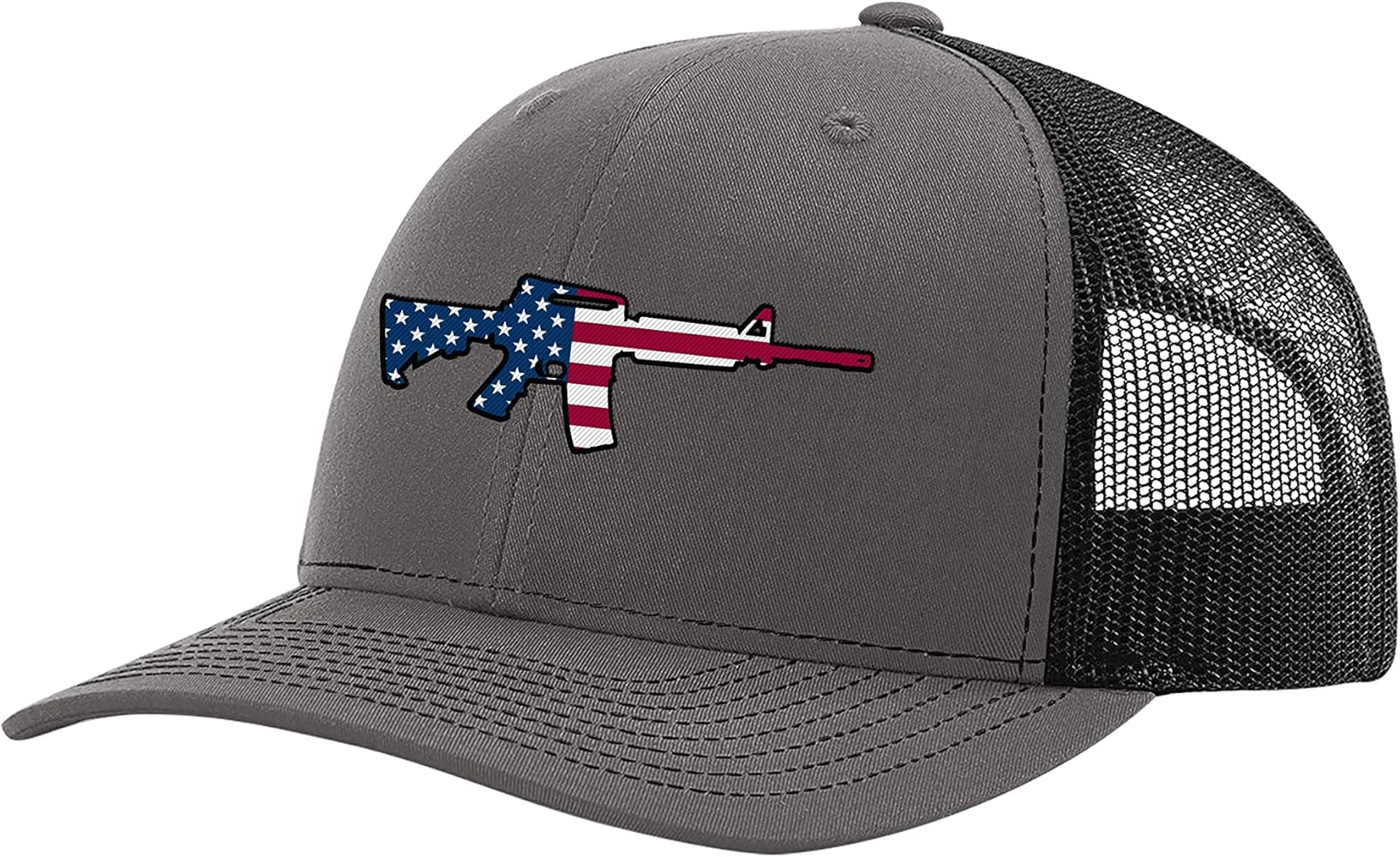 Trenz Shirt Company Men's American Flag Filled AR-15 Patriotic 2nd Amendment Embroidered Mesh Back Trucker Hat, Charcoal/Black