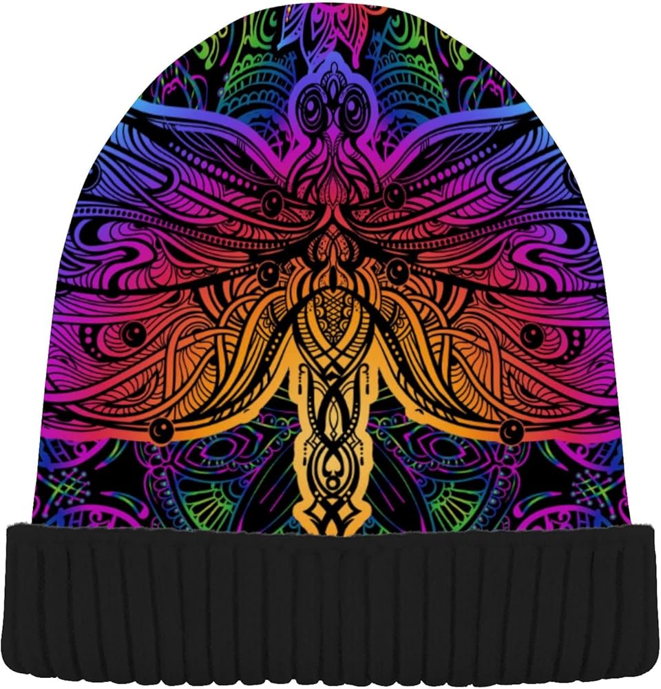 ALAZA Dragonfly Mandala Sun Rainbow Color Beanie for Women Men Winter Hat Reversible Skull Cuffed Knit Cap