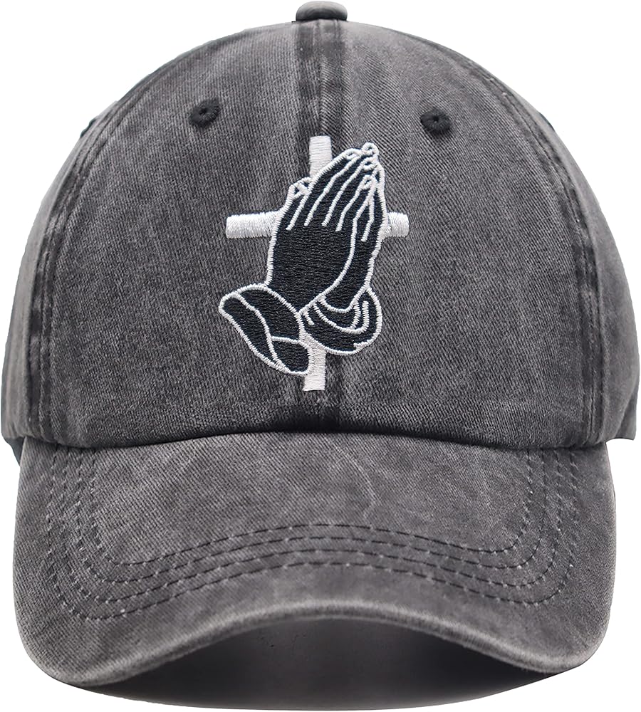 Jesus Praying Hands Cross Hat, Christian Gifts for Men Women, Adjustable Embroidered Dad Baseball Cap