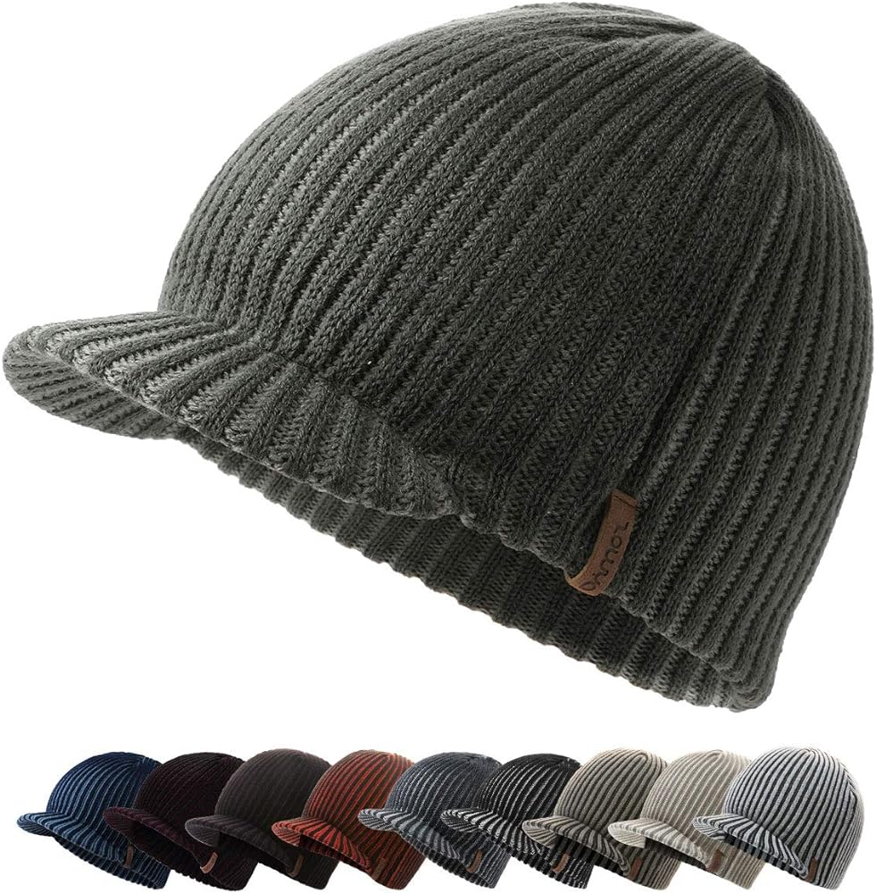 zowya Winter Visor Beanie Hat for Men & Women Brim Knit Skully Hats Billed Skull Cap Thick Vintage Contrast Color,1Hat