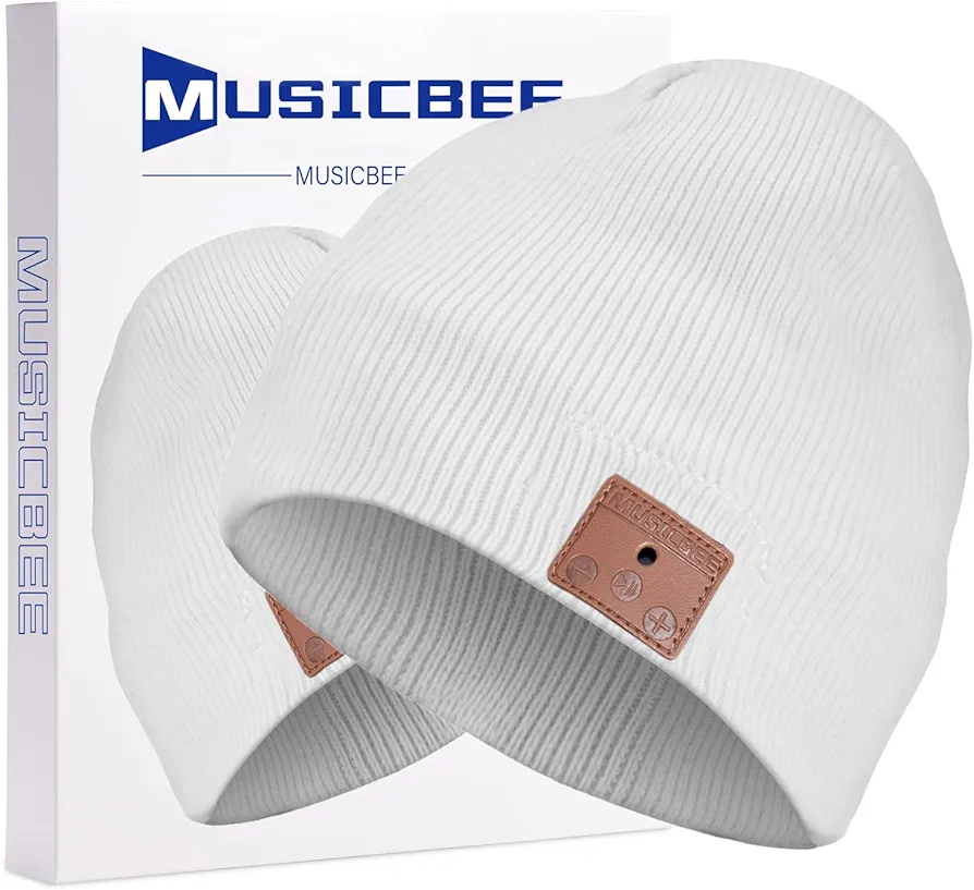 beanie Bluetooth, MUSICBEE Bluetooth V5.2 Wireless Knit Winter Cap, 24 Hour Play time, Built-in Microphone and HD Stereo Speakers(White