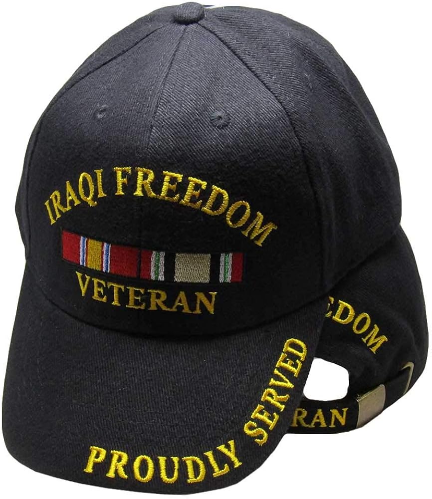 AWS Freedom Veteran Proudly Served Ribbon Black Yellow Embroidered Cap Hat