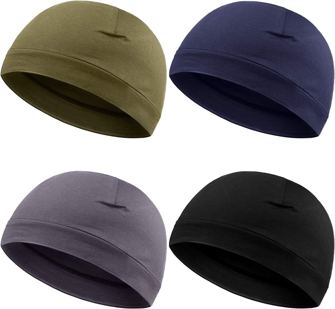 Syhood 4 Pieces Men Skull Caps Soft Cotton Beanie Hats Stretchy Helmet Liner Multifunctional Headwear for Men Women