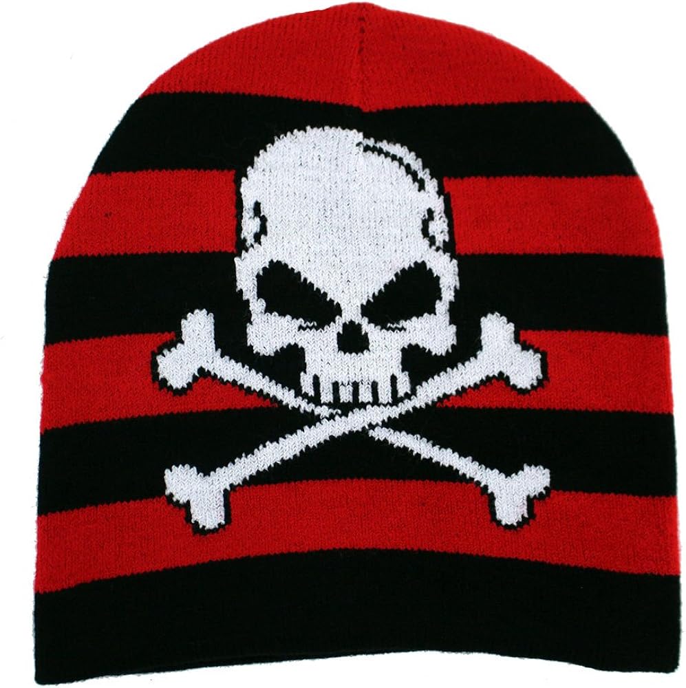 Black and Red Striped Beanie with Skull and Crossbones