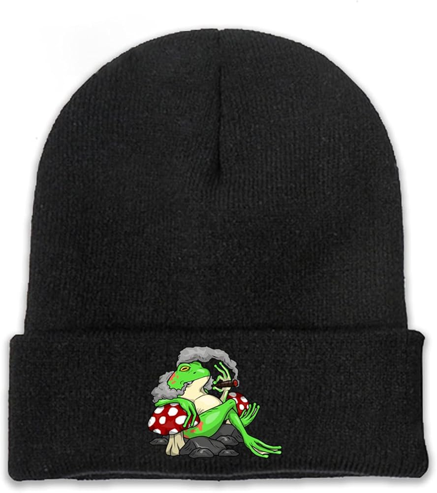 Smoking Frog Beanie Adults Unisex Men Womens Kids Cuffed Plain Skull Knit Hat Cap Black