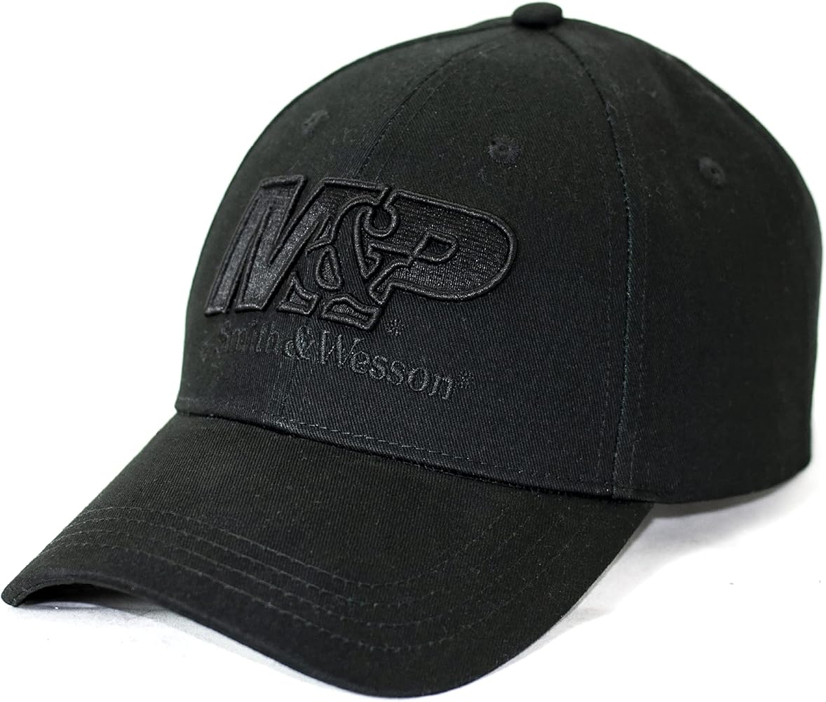 M&P by Smith and Wesson Mens Hat Classic Black Embroidered Logo Baseball Cap Officially Licensed, Black/Black