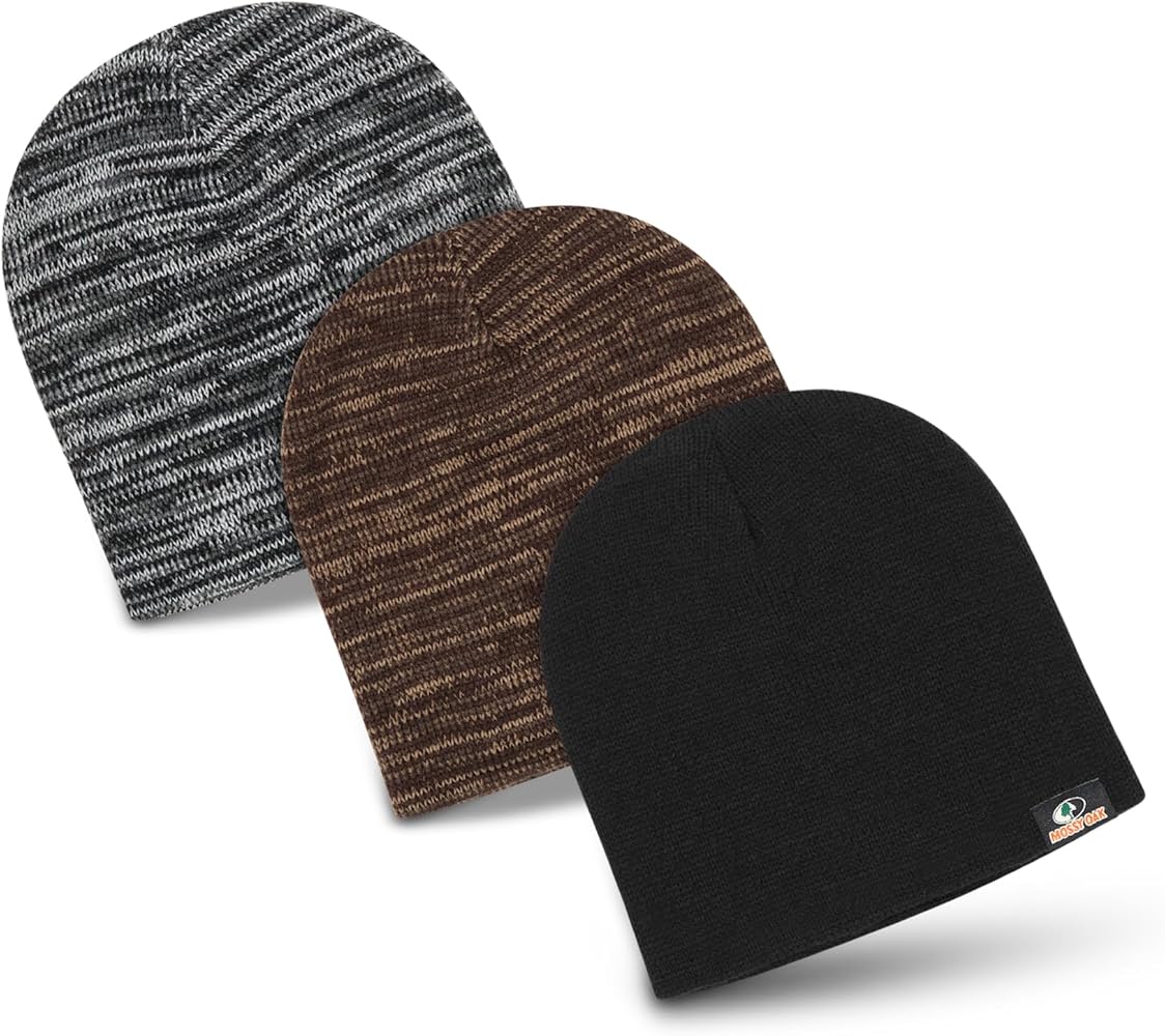 Mossy Oak Men's Rib Knitted Hats - Warm and Cozy Beanie Hat - Men Winter Hat-3pack, Brown/Black/Grey