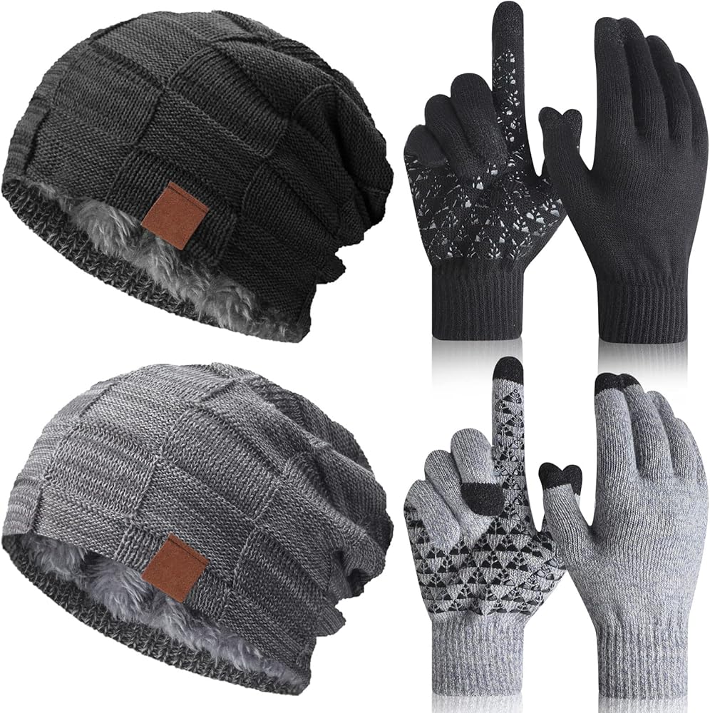 Winter Hats for Men Women Warm Gloves Lined Knit Thick Slouchy Beanie Touch Screen Anti Slip Silicone Gel Winter Gloves (Black, Gray, 2 Set)