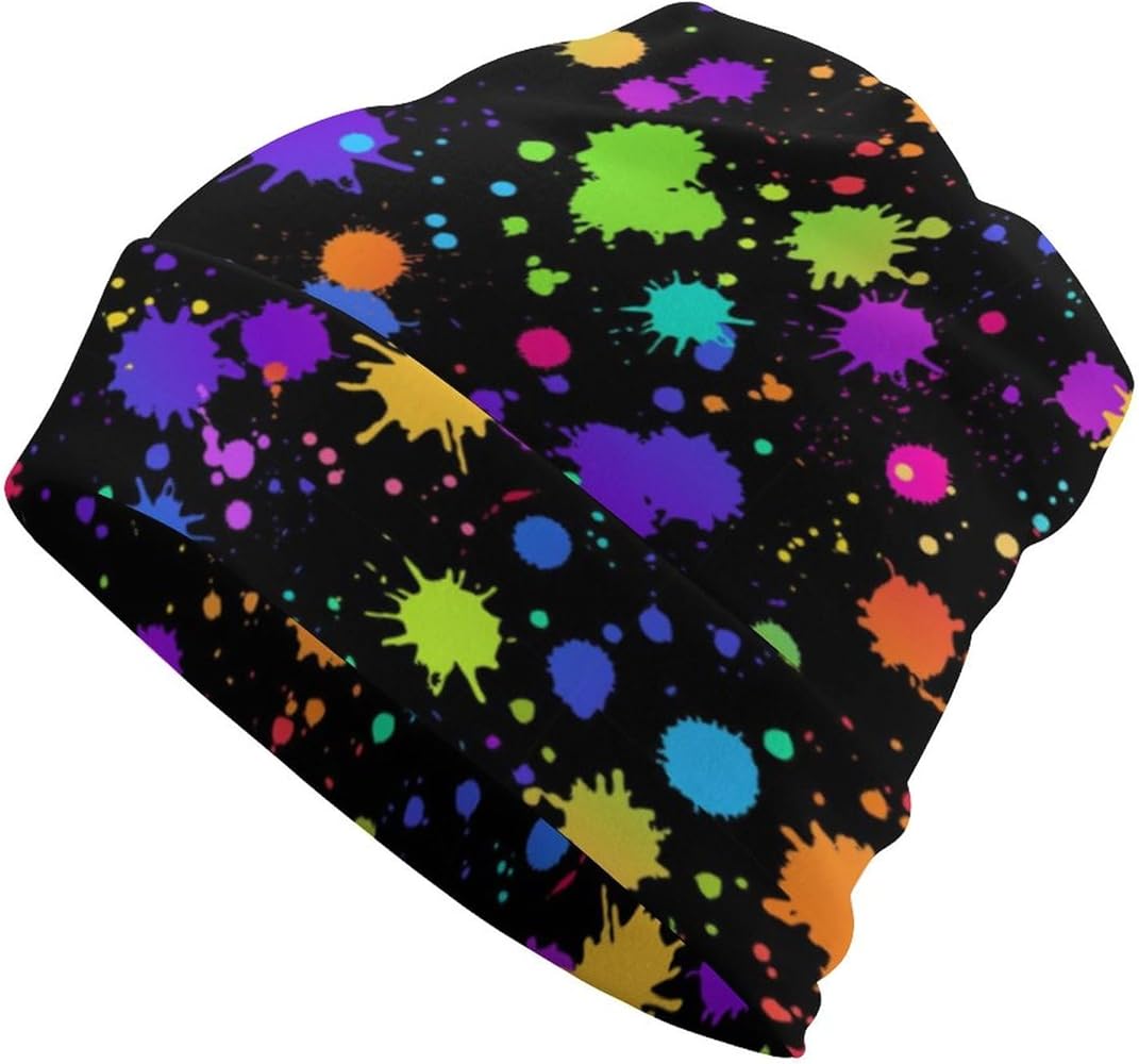 Glow in Dark Splatter Neon Beanie Hat for Men Women Knit Warm Casual Hats Classic Winter Cap