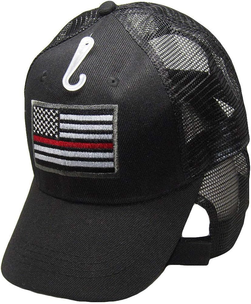 Black Thin Red Line Fire Dept Department Fire Fighter US Flag Support Fire Fighters Mesh Back Baseball Cap Hat