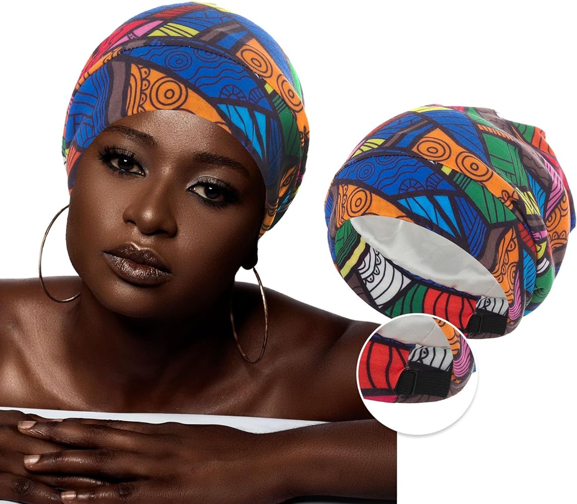 Bohend African Satin Lined Bonnet Adjustable Silky Turbans Beanie Hair Cover Sleep Cap Slouchy Skull Headwrap Hat Women Men