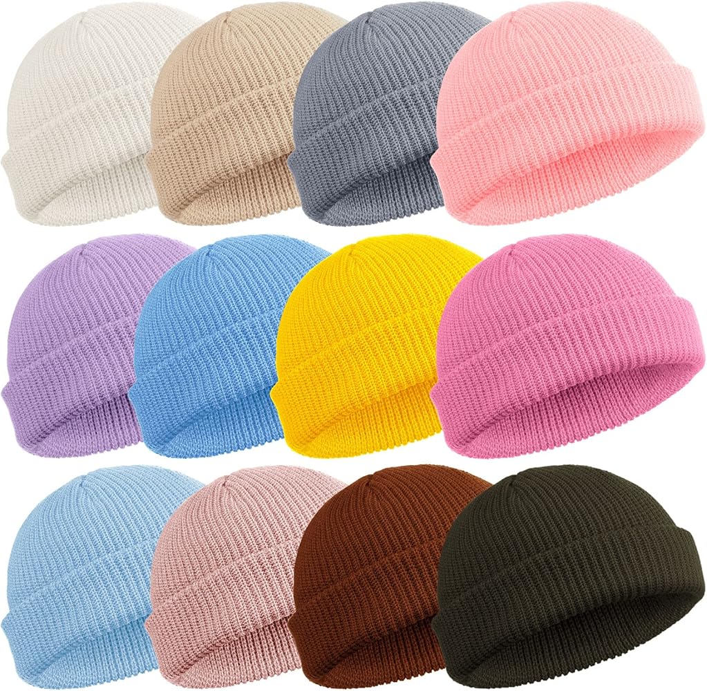 Geyoga 12 Pieces Trawler Beanie Hats Knit Cuff Beanie Roll-Up Edge Skull Cap Fisherman Beanie for Men Women