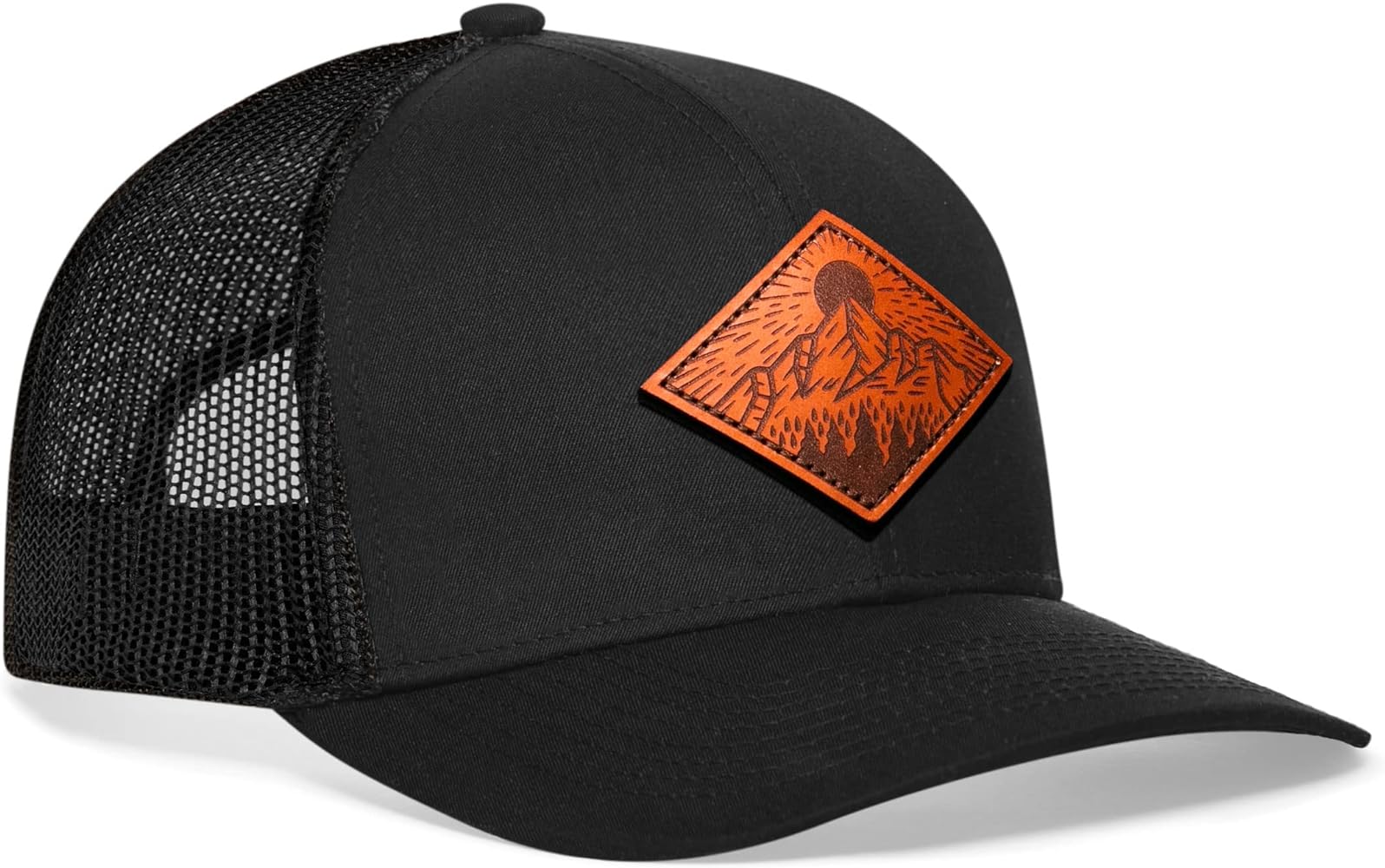 HAKA Leather Diamond Mountains Trees Trucker Hat, Mesh Outdoor Hat for Men & Women, Adjustable Snapback Baseball Cap, Golf Hat (Black)