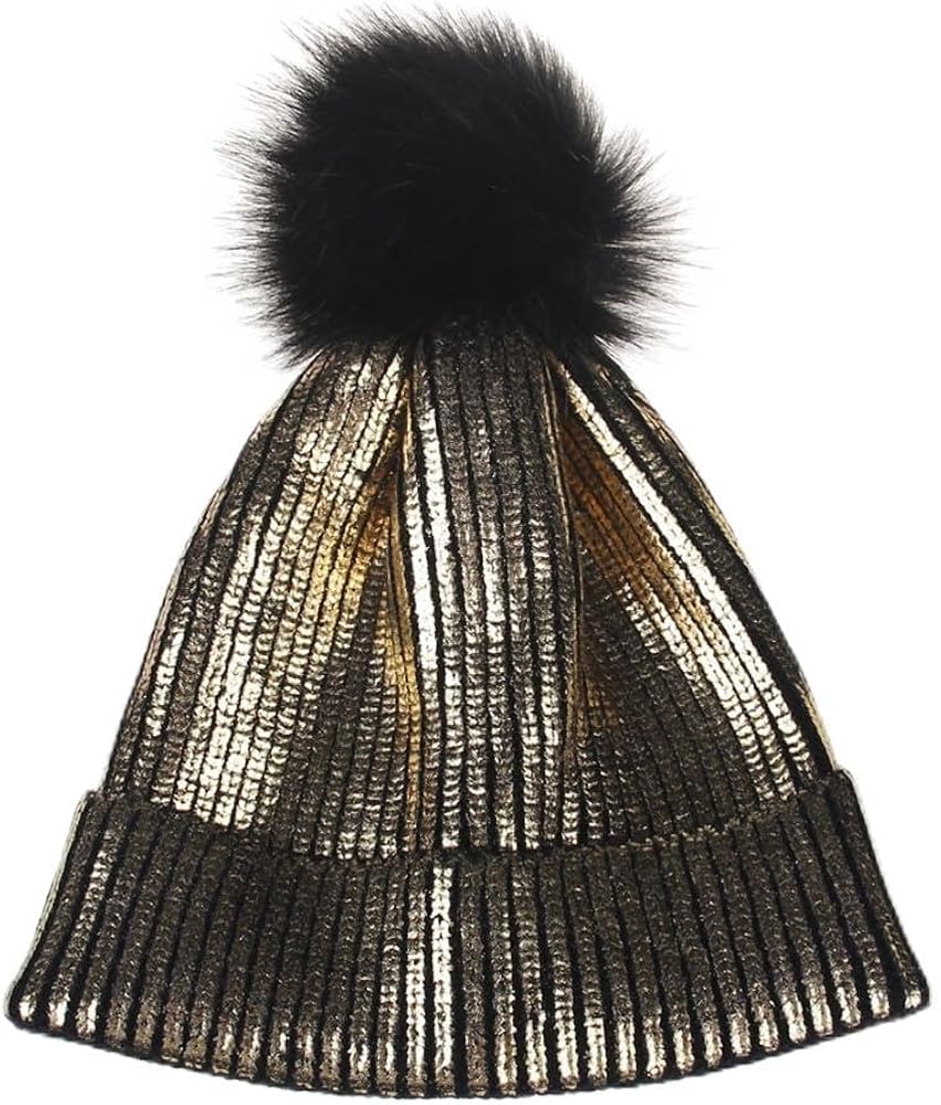 KESYOO Winter Knit Beanie Hat Fuzzy Fur Plush Hat Metallic Shiny Beanie Skull Pom for Women Men