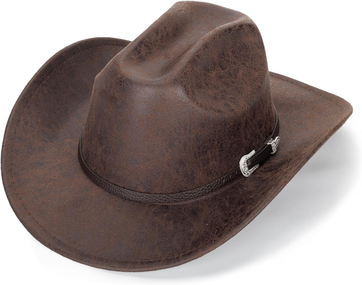 Women-Men Classic-Western Cowboy-Hat - Wide-Brim Pu Leather Cowgirl Cap Fedora Hats with Buckle Outback for Outdoor (22")