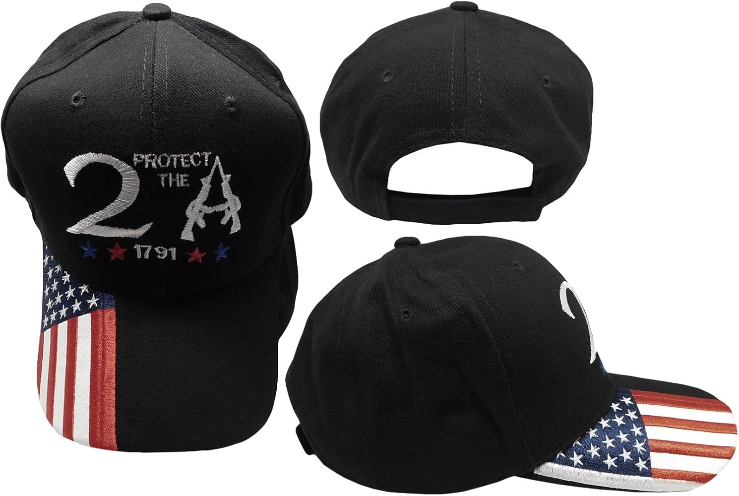 Protect The 2A 2ND Amendment 1791 Black USA Flag On Bill 100% Cotton Adjustable Embroidered Hat Cap