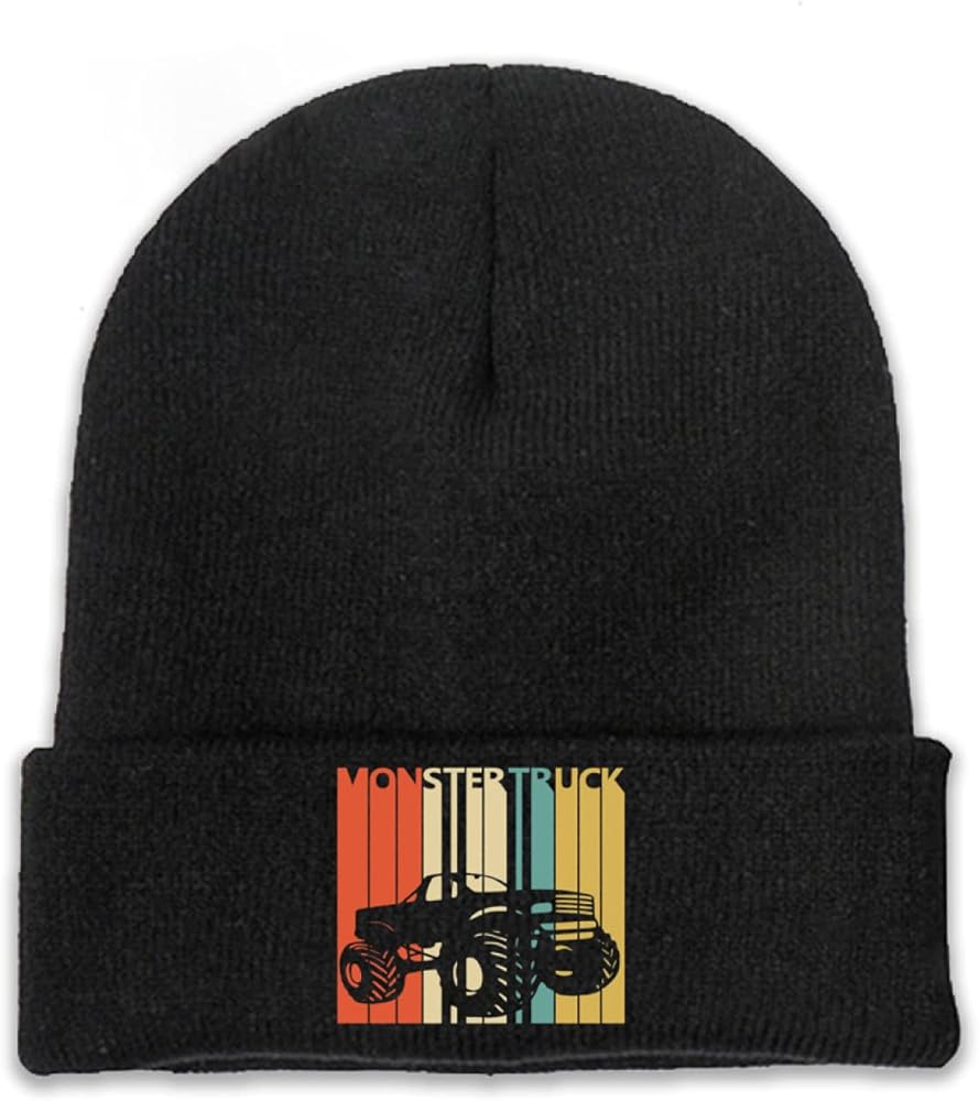 Monster Truck Retro Beanie Adults Unisex Men Womens Kids Cuffed Plain Skull Knit Hat Cap Black