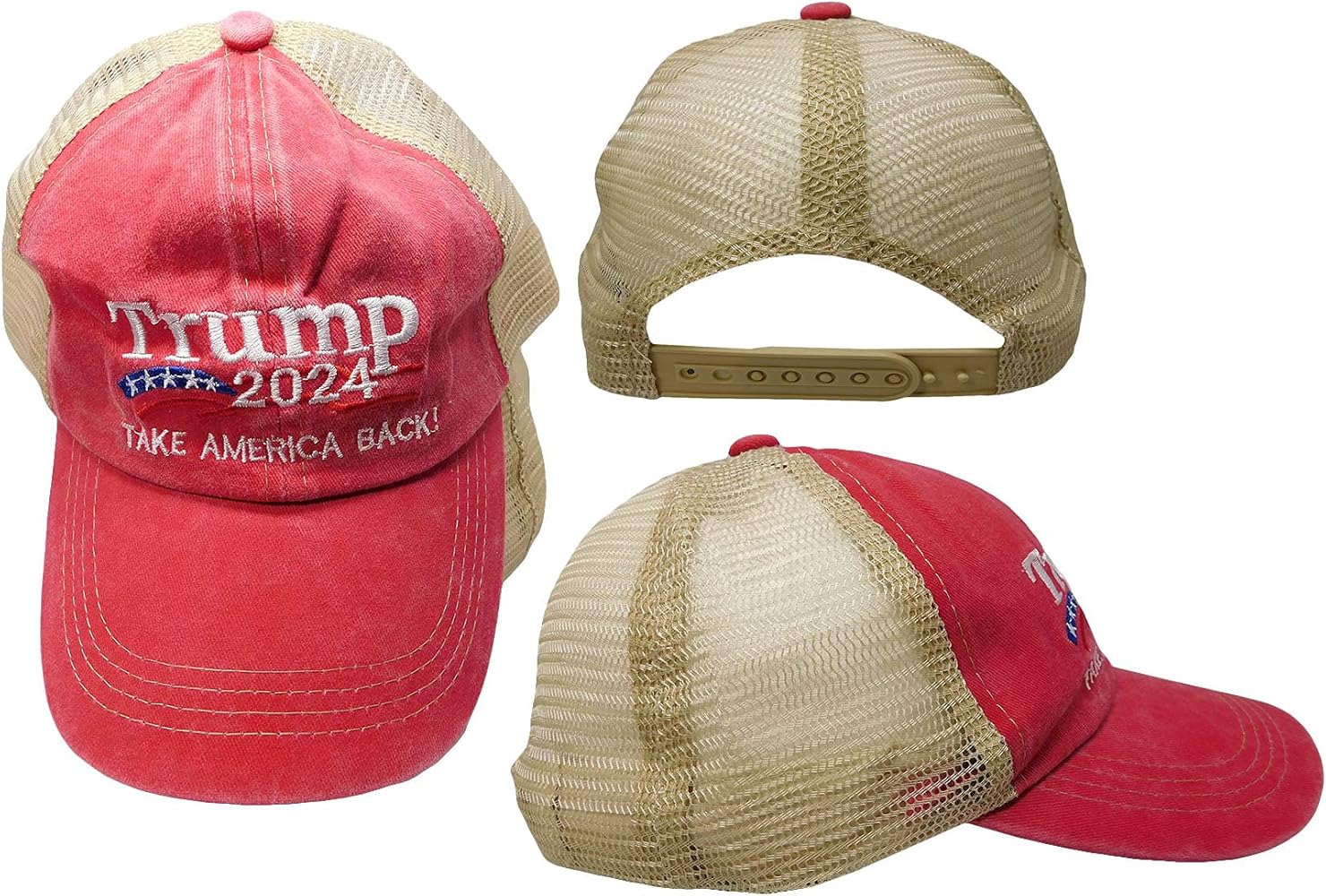 Trump 2024 Take America Back! Red Washed Mesh Trucker 100% Polyester Adjustable Embroidered Cap Hat